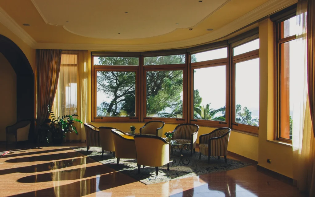 Bay window curtains in a hotel