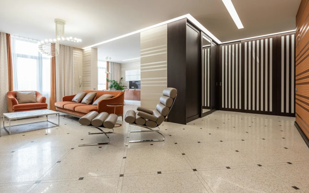 A living room with a porcelain tile flooring