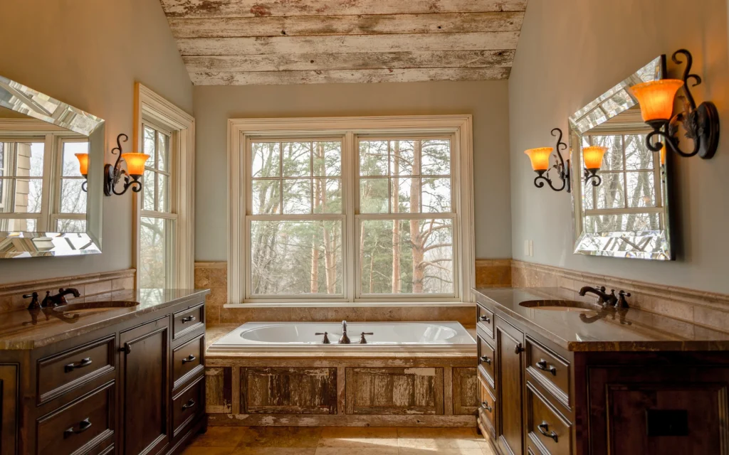A bathroom in full rustic design