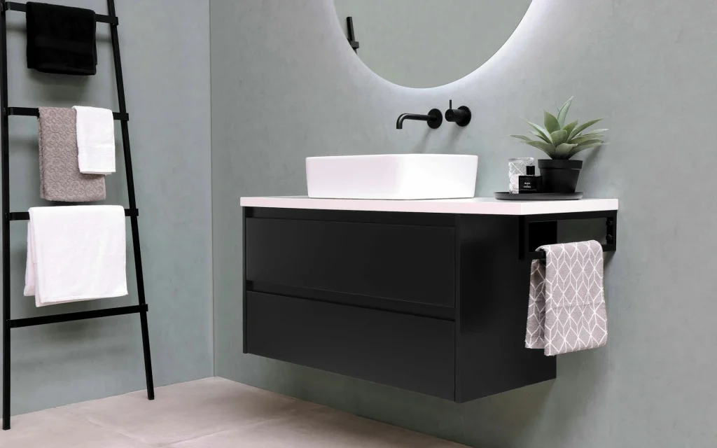 A bathroom with extra storage