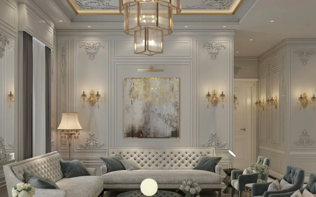 A spacious living room with high ceilings