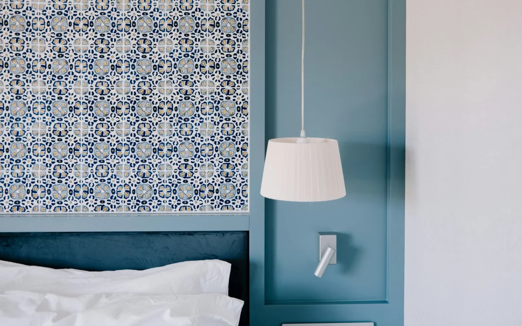 Blue accent wall in the bedroom