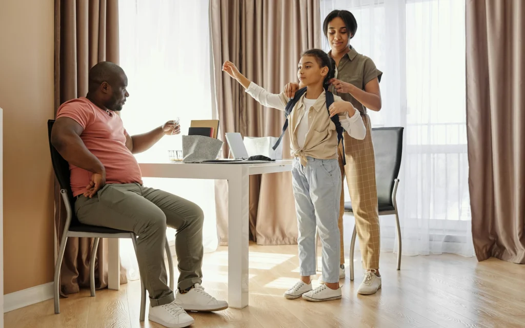 A family with grommet curtains