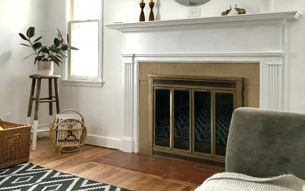 Fireplace dividing the room