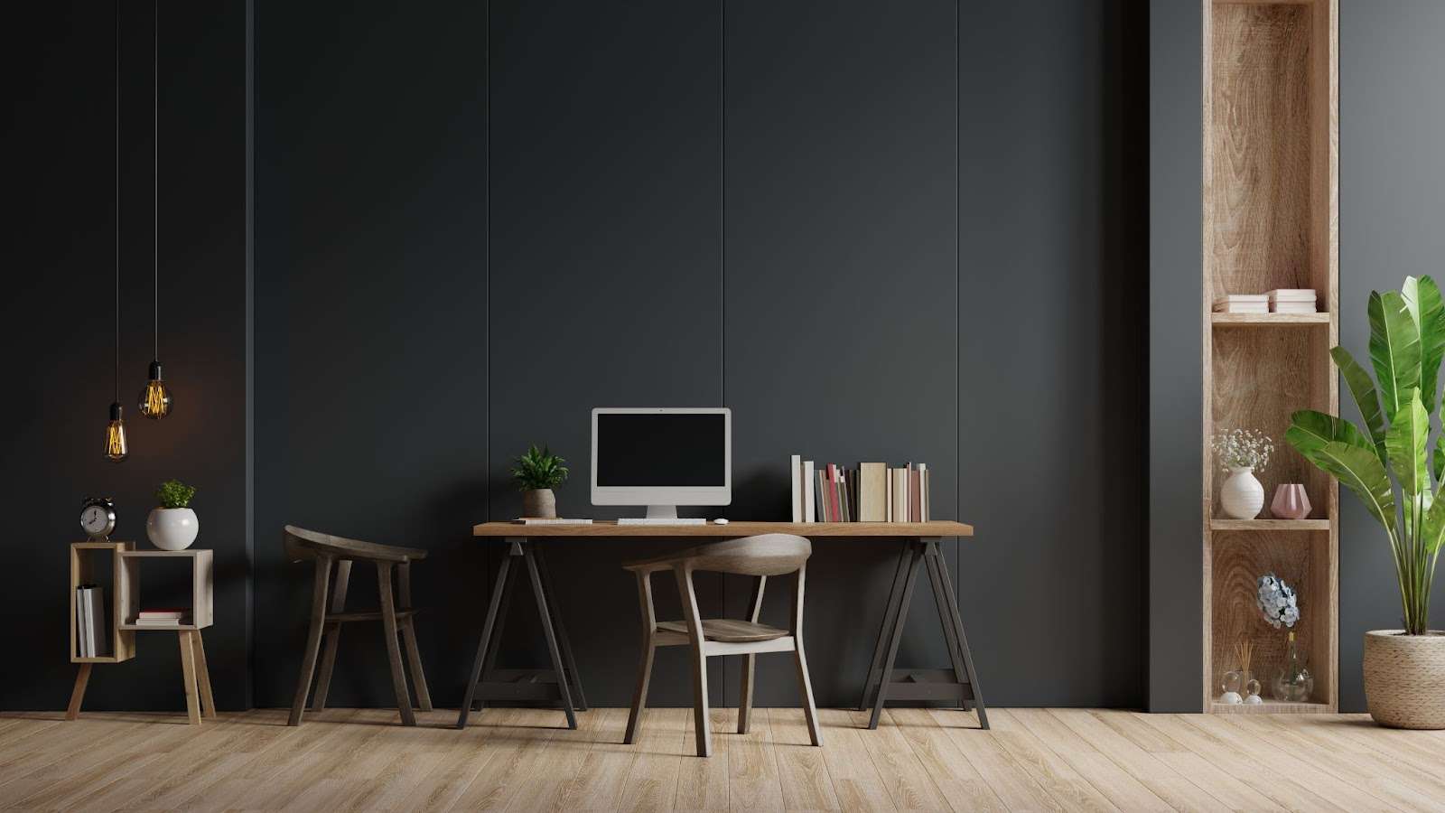 A black accent wall in a home office
