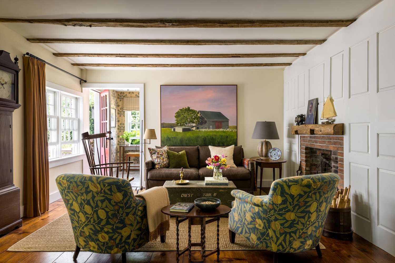 vintage living room with flower textile on the chairs
