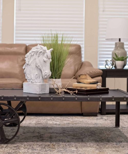 Stylish living room after renovation with a leather sofa, decorative coffee table with accessories, table lamp, and neutral color palette