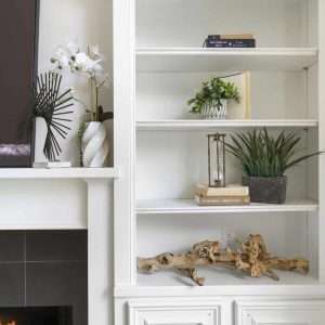 White built-in shelves styled with plants, books, and decor next to a modern fireplace